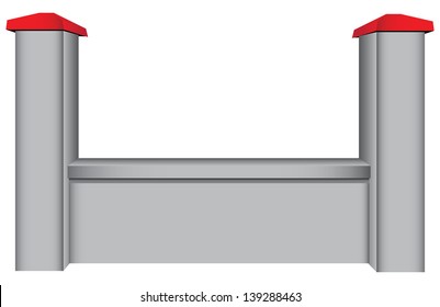 The segment of the concrete fence with two columns. Vector illustration.