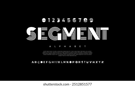 Segmentieren Sie kreative moderne geometrische urbane Alphabet-Schriftart. Digital abstrakt futuristisch, Spiel, Techno, Roboter, Musik, Logo, Sport, minimale Technologie Typografie. Einfache numerische Vektorgrafik
