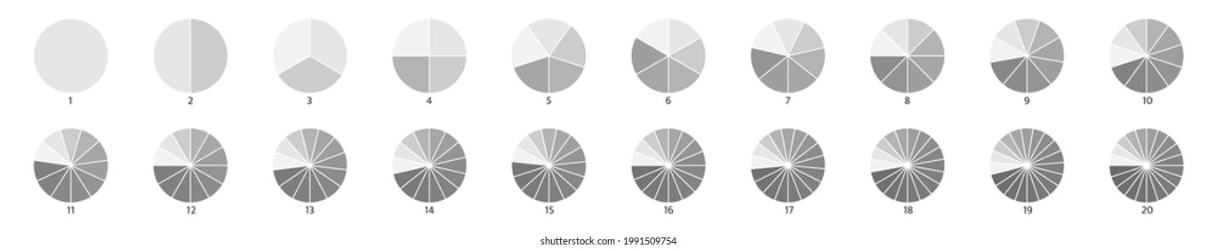 Segment infographic. Pie chart icons. 2,3,6,10,20 circle section graph. Wheel round diagram part symbol. Five phase, six circular cycle. Segment slice sign. Geometric element. Vector illustration.