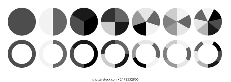 Segment infographic. Pie chart icons. 2,3,6,10,20 circle section graph. Wheel round diagram part symbol. Vector