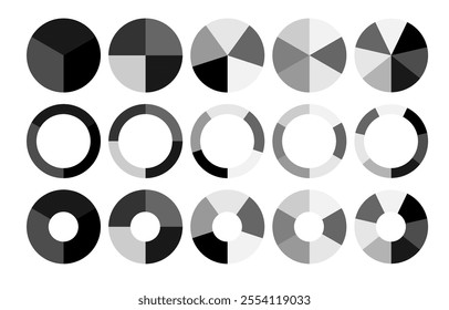 Segment infographic. Pie chart icons. 2,3,6,10,20 circle section graph. Wheel round diagram part symbol. Vector