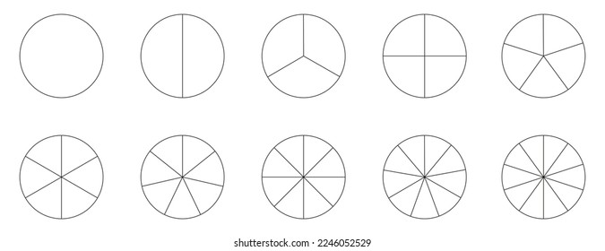 Segment slice icon. Pie chart template. Circle section graph line art. 1,2,3,4,5,6,7,8,9,10 segments infographic. Diagram wheel parts. Geometric element.