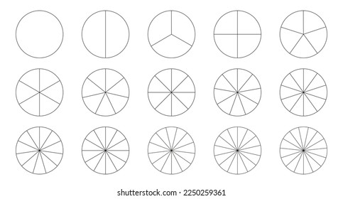 Icono de división de segmentos. Plantilla de gráfico circular. Gráfico circular de la línea gráfica de 1,2,3,4,5,6,7,8,9,10,11,12,13,14,15 segmentos infografía. Partes de la rueda del diagrama. Elemento geométrico.