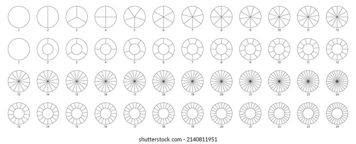 Dibujo de la línea de división de segmentos. Icono de gráfico circular. Parte del diagrama de redondeo de rueda. Gráfico de sección circular. Infografía de 2,3,4,5,6 segmentos. Cinco fases, seis ciclos circulares. Elemento geométrico. Ilustración vectorial.