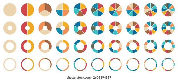 Segment slice set. Pie chart color icons. Circle section graph. 1,20,19,18,16,9 segment infographic. Wheel round diagram part. Three phase, six circular cycle. Geometric element. Vector-eps 10