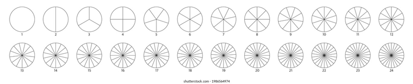 Segment slice sign. Circle section graph line art. Pie chart icon. 2,3,4,5,6 segment infographic. Wheel round diagram part. Five phase, six circular cycle. Geometric element. Vector illustration.