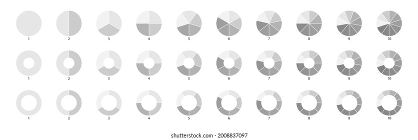 Segment slice sign. Pie chart gray icons. 10,2,4,5 segment infographic. Wheel round diagram part symbol. Circle section graph. Three phase, six circular cycle. Geometric element. Vector illustration.