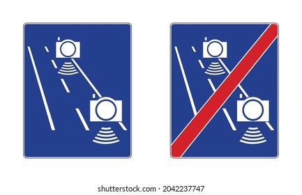 Segmental speed measurement road sign. End of speed measurement zone traffic sign. Vector illustration of blue board with information for drivers. Traffic enforcement camera symbol. svg