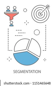 Segmentation concept. Idea of target audience and business promotion. Choosing group of people as potential customers. Line icon set with pie chart. Isolated vector illustration