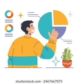 Segmentation concept. Man analyzing a pie chart, breaking down data. Market research, consumer groups, data division. Vibrant hues. Flat vector illustration