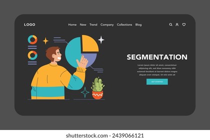 Segmentation dark or night mode web, landing. Man analyzing a pie chart, breaking down data. Market research, consumer groups, data division. Vibrant hues. Flat vector illustration