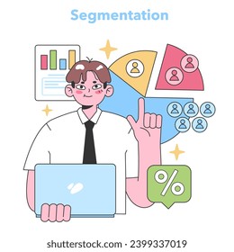 Segmentation strategy concept. Professional with a laptop, breaking down data into distinct segments, charts in the background signify user groups. Effective market division. Flat vector illustration.