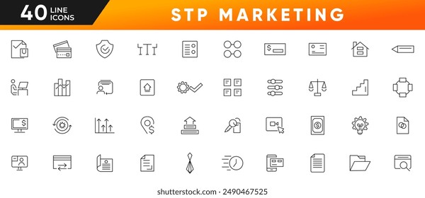 Segmentation targeting positioning line icon set. Stp, marketing, value proposition, management, business, value and company outline icon collection. UI thin outline icon pack