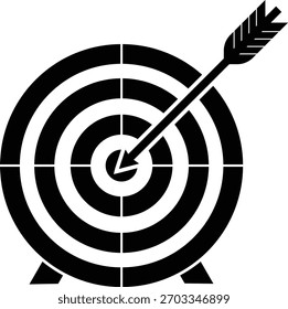 Alvo de tiro com arco segmentado com seta em bullseye em pé, ícone de precisão do KPI do objetivo comercial - ícone do vetor preto.