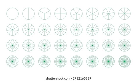Gráficos segmentados de 1 a 32 colecciones. Conjunto de pastel, pizza gráficas Plantillas. Muchos sectores dividen el círculo en partes iguales. Icono de gráficos verdes. Infografía de segmentos. Ruedas de diagrama
