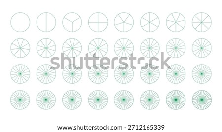 Segmented charts from 1 to 32 collection. Set of pie, pizza charts templates. Many number of sectors divide the circle on equal parts. Outline green graphics icon. Segments infographic. Diagram wheels