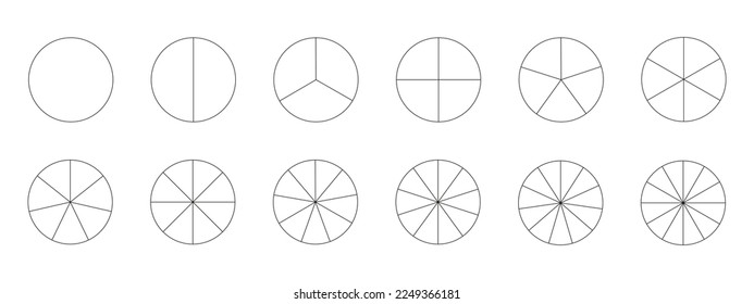 Kollektion segmentierter Diagramme einzeln auf weißem Hintergrund. Viele Sektoren teilen den Kreis auf gleiche Teile. Schwarze, dünne Grafiken in Umrissen. Set von Kuchendiagrammen.