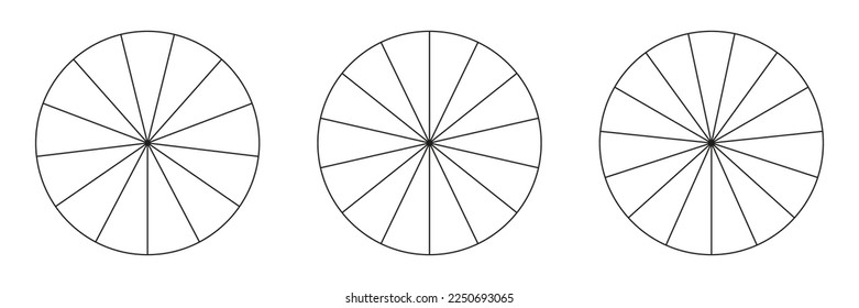 Colección de gráficos segmentados aislada en un fondo blanco. Muchos sectores dividen el círculo en partes iguales. Contorno gráficos vectoriales delgados negros. Conjunto de gráficos circulares.