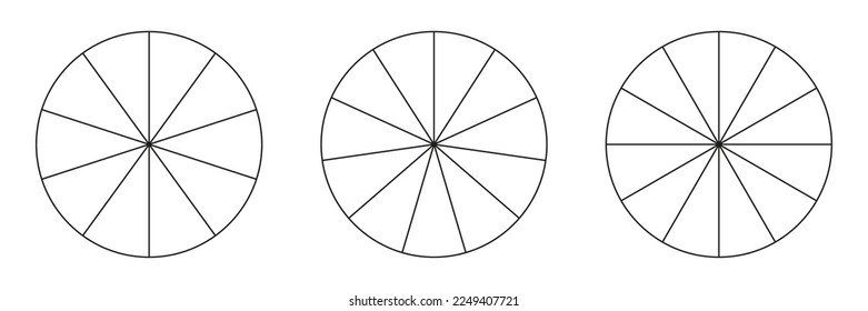 Segmented charts collection. Many number of sectors divide the circle on equal parts. Outline black thin graphics. Set of pie charts.