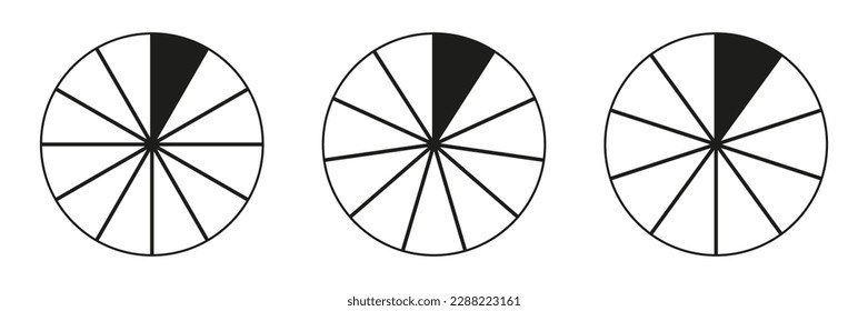 Colección de gráficos segmentados. Muchos sectores dividen el círculo en partes iguales. Contorno gráficos vectoriales delgados negros. Listas de gráficos circulares establecidas.