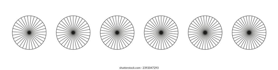 Segmented charts collection. Many numbers of sectors divide the circle on equal parts. Outline black thin graphics. Set of pie, pizza charts. Vector template.