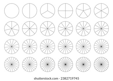 Segmented charts collection. Pie chart template. Many number of sectors divide the circle on equal parts. Outline black thin graphics. Set of pizza charts. Segments infographic. Diagram wheel parts. 