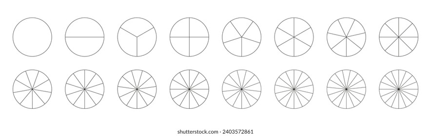 Segmented charts. Pizza chart template. Set of pie charts. Many number of sectors divide the circle on equal parts. Collection of segments infographic. Diagram wheel parts. Outline black thin graphics