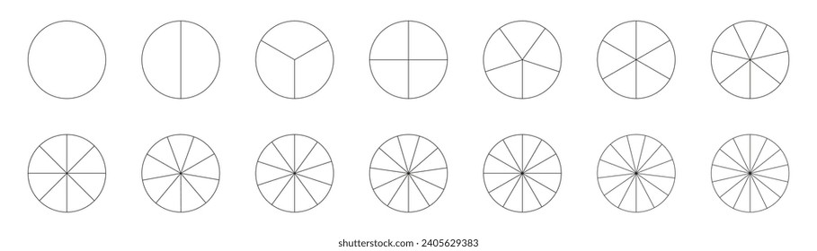 Gráficos segmentados. Plantilla de gráfico de pizza. Partes de la rueda del diagrama. Colección de gráficos circulares. Muchos sectores dividen el círculo en partes iguales. Serie de segmentos infográficos. Gráficos delgados de color negro