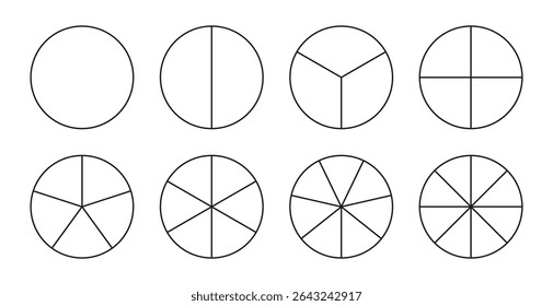 Segmented charts set isolated on white background. Outline thin black graphics. Collection of pie charts. Many numbers of sectors divide the circle on equal parts.