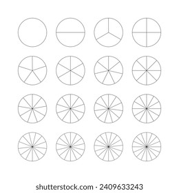 Segmented charts. Set of pie, pizza chart template. Many number of sectors divide the circle on equal parts. Black thin simple graphics. Segments infographic. Diagram wheel parts. Vector illustration.