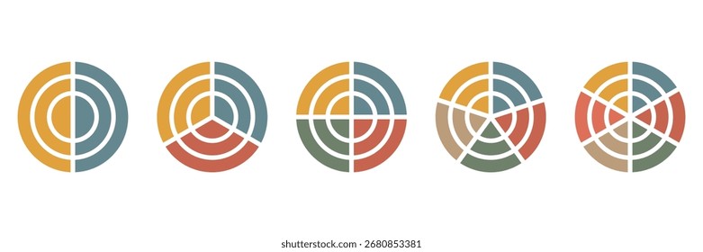 Segmented circle icon. Colorful flat pie chart set. Round diagram template. Business analytics graphic. Infographic circle. Data visualization chart 