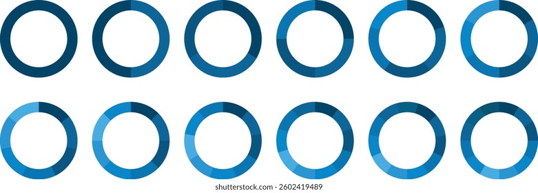 Segmented circle icons for data, web design, banner with sections or parts. Pie chart vector. Infographic Pie chart set. Colorful Pie chart divided 1, 3, 6, 9, 12 equal parts. Circle diagram set.