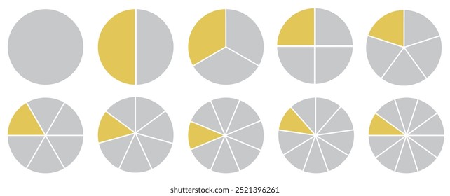 Iconos de círculo segmentados para infografía, análisis de datos, Diseño web, interfaz de usuario o presentación. Conjunto de infografía de gráfico circular. Colección de diagrama circular con secciones o partes. Ilustración vectorial. Amarillo y gris