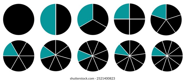 Segmented circle icons for infographic, data analysis, web design, ui or presentation. Pie chart infographic set. Circle diagram collection with sections or parts. Vector illustration. Blue and black.
