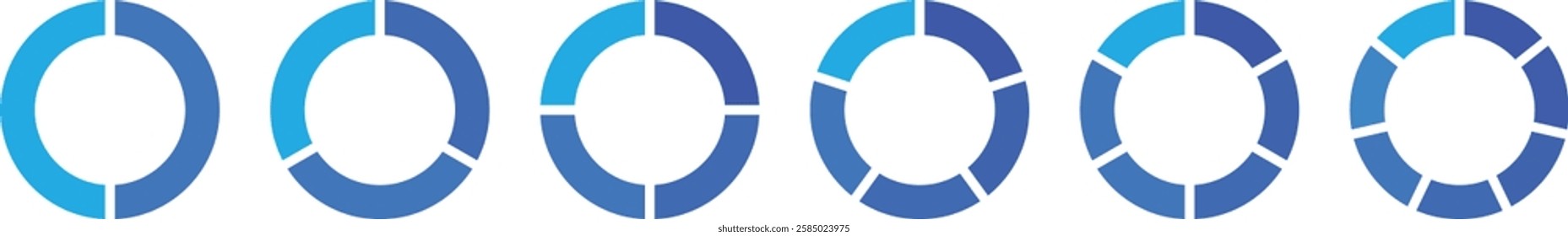 Segmented circle icons. Pie chart set. Pie chart divided 2,3,4,5,6 equal parts. Circle section graph. Infographic wheel segment or sections parts. Infographic element round shape. Vector illustration