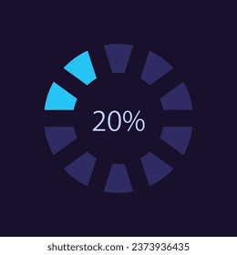 Segmented circle progress bar infographic chart design template for dark theme. Editable radial infochart with percentage amount. Visual data presentation. Myriad Pro-Bold, Regular fonts used