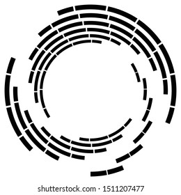 Segmented circle with rotation.Circular and radial Dashed lines volute, helix. Abstract concentric circle.Spiral, swirl, twirl element.   Radiating arc lines. Geometric cochlear, vortex illustration