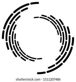 Segmented circle with rotation.Circular and radial Dashed lines volute, helix. Abstract concentric circle.Spiral, swirl, twirl element.   Radiating arc lines. Geometric cochlear, vortex illustration
