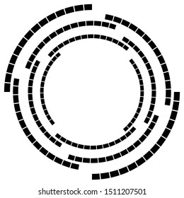 Segmented circle with rotation.Circular and radial Dashed lines volute, helix. Abstract concentric circle.Spiral, swirl, twirl element.   Radiating arc lines. Geometric cochlear, vortex illustration