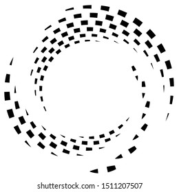 Segmented circle with rotation.Circular and radial Dashed lines volute, helix. Abstract concentric circle.Spiral, swirl, twirl element.   Radiating arc lines. Geometric cochlear, vortex illustration