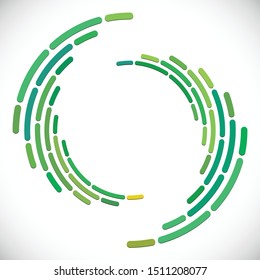 Segmented circle with rotation.Circular and radial Dashed lines volute, helix. Abstract concentric circle.Spiral, swirl, twirl element.   Radiating arc lines. Geometric cochlear, vortex illustration