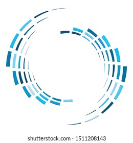 Segmented circle with rotation.Circular and radial Dashed lines volute, helix. Abstract concentric circle.Spiral, swirl, twirl element.   Radiating arc lines. Geometric cochlear, vortex illustration