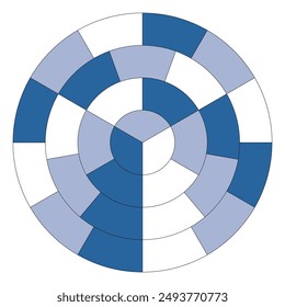 Segmented circles with a common center, circles divided into 3, 6, 9 parts. Vector.