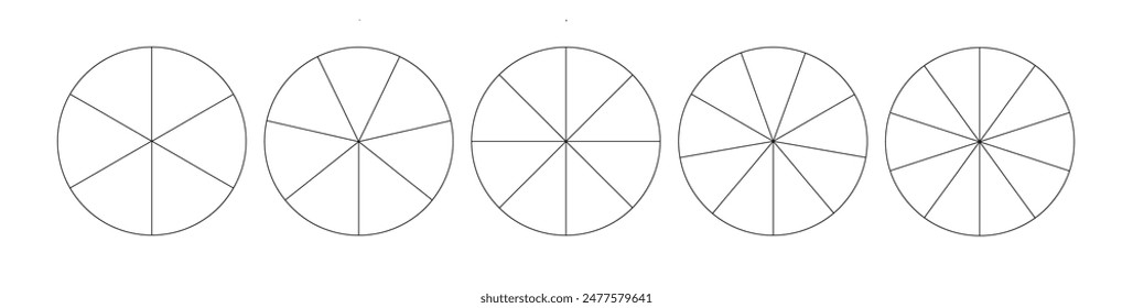 Círculos segmentados aislados sobre un fondo blanco. Un número diferente de sectores divide el círculo en partes iguales. Vector