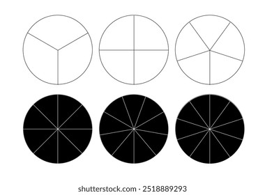 Segmented circles isolated on a white background. A different number of sectors divides the circle into equal parts. Vector