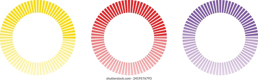 Segmented circles, progress indicators, buffer symbols collection. Yellowm red and purple circles. Loading circles. Vector illustration