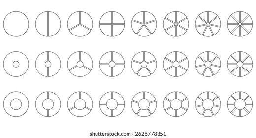 Círculos segmentados definidos. Partes da roda do diagrama. Sinal de fatia de segmento de arte de linha. Gráfico de seção de círculo. Ícone do gráfico de pizza. Infográfico da parte do diagrama redondo. Elemento geométrico. Ilustração vetorial
