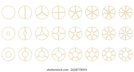Segmented circles set. Diagram wheel parts. Line art segment slice sign. Circle section graph. Pie chart icon. Round diagram part infographic. Geometric element. Vector illustration