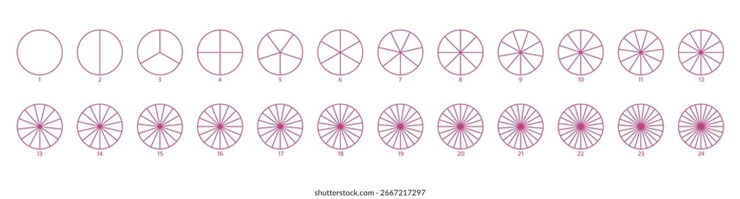 Conjunto de círculos segmentados. Piezas de rueda de diagrama. Signo de segmento de arte lineal. Gráfico de sección circular. Icono de gráfico circular. Infografía de la parte del diagrama redondo. Elemento geométrico. Ilustración vectorial.