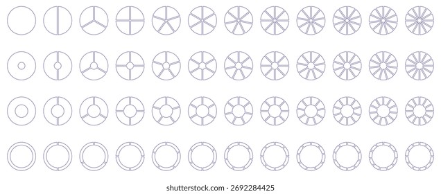 Segmented circles set. Diagram wheel parts. Line art segment slice sign. Circle section graph. Pie chart icon. Round diagram part infographic. Geometric element. Vector illustration